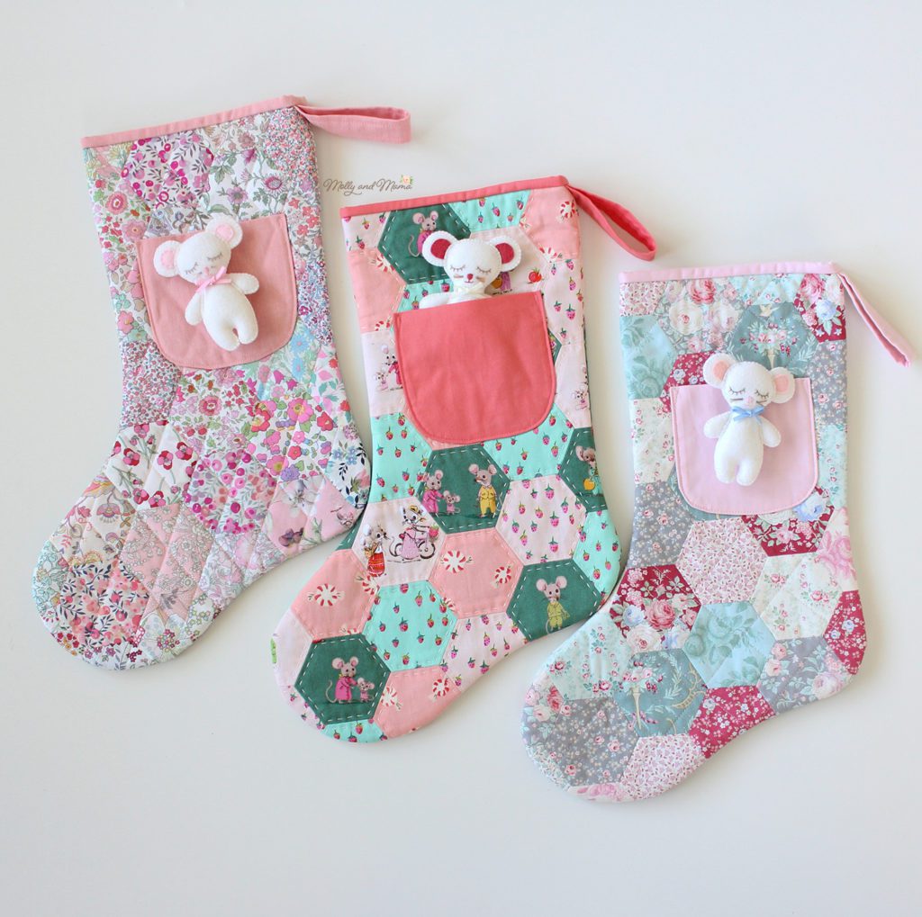 handmade Christmas stocking sewing pattern featuring English paper piecing, front pocket and felt mouse
